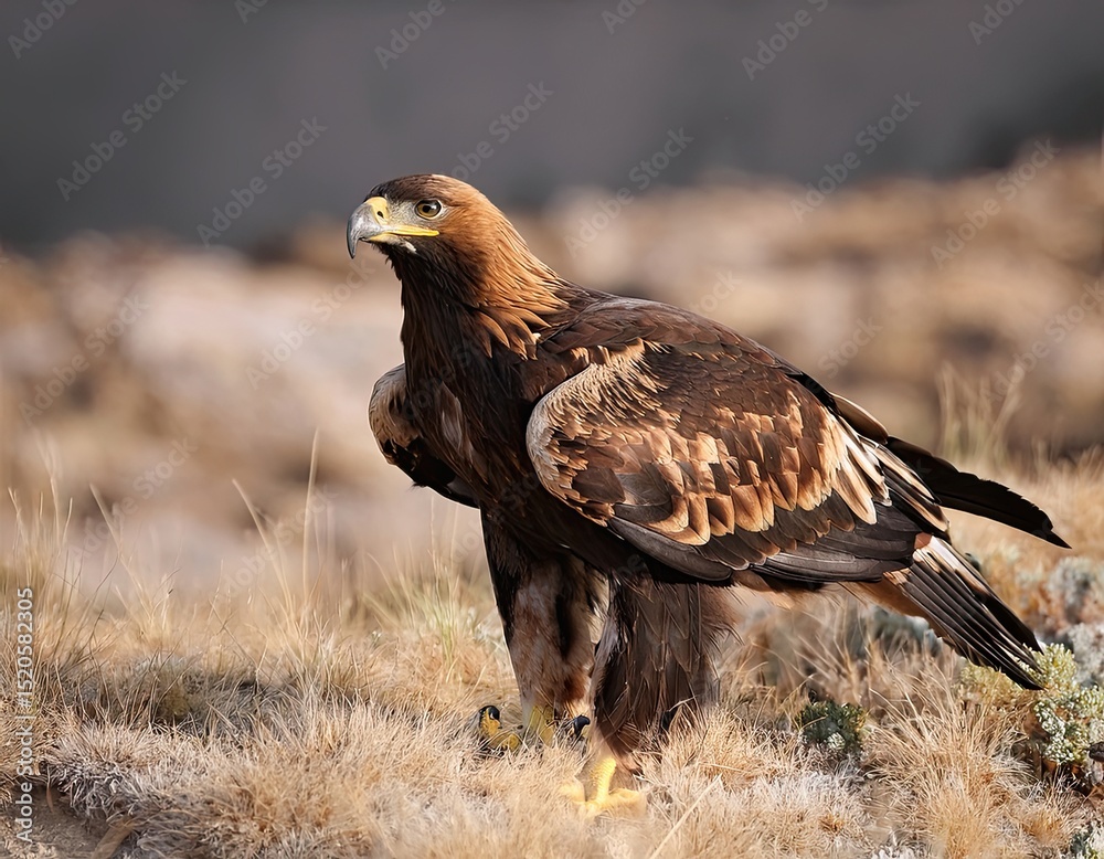 Fototapeta premium Majestic Golden Eagle Standing on Rocky Cliff with Mountain Background