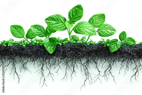 Growing Plants Seedlings with Green Leaves, Roots, and Soil on a White Background