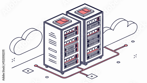 Cloud server hosting data center network infrastructure and storage isometric vector illustration design