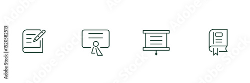 icon book,certificate,whiteboard,4 type set collections, simple design.Vector illustration