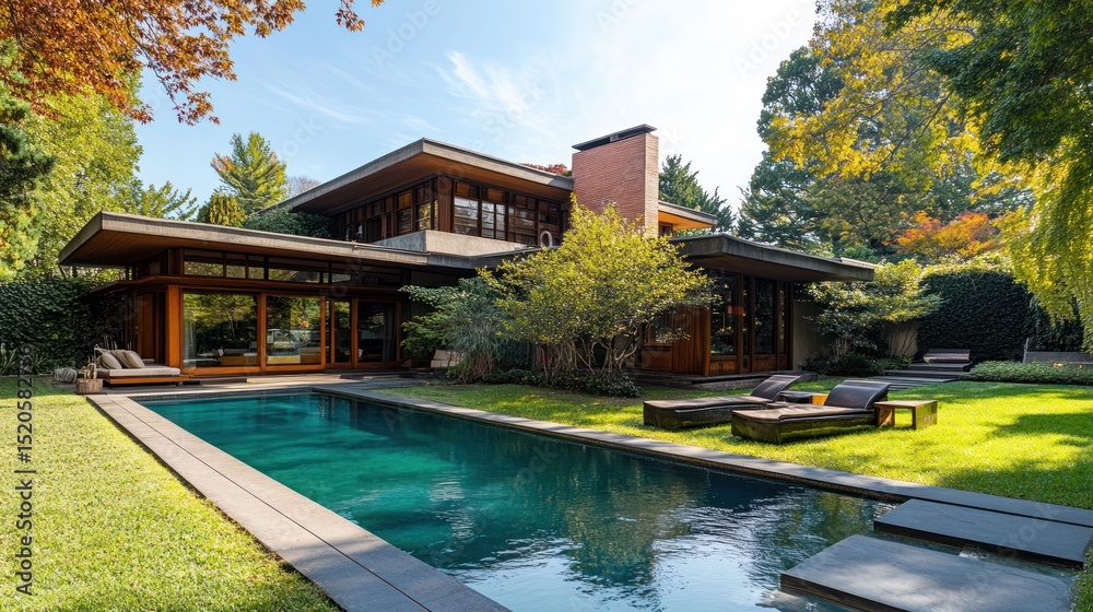 Obraz premium Modern House with Pool and Lush Garden: Architectural Gem