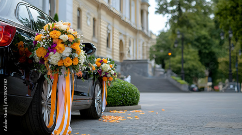Black Car Decorated With Colorful Wedding Flowers