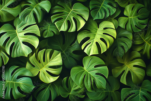 Lush Green Monstera Leaves Pattern Tropical Foliage Background, Nature Wallpaper, Botanical Decor