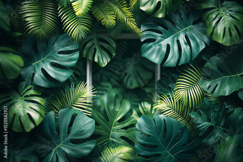 Lush Monstera and Palm Leaves Frame, Creating a Green Botanical Background with a Subtle Border