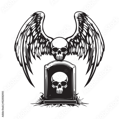 Winged Human Skull Resting Gracefully Atop a Tombstone Image Vector