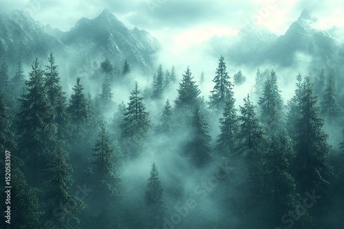 Misty Mountain Landscape Pine Forest Enshrouded in Fog with Distant Peak Views