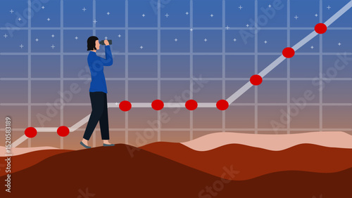 Business woman standing with binoculars looking for opportunities in front of rising chart. Business analysis and planning.
