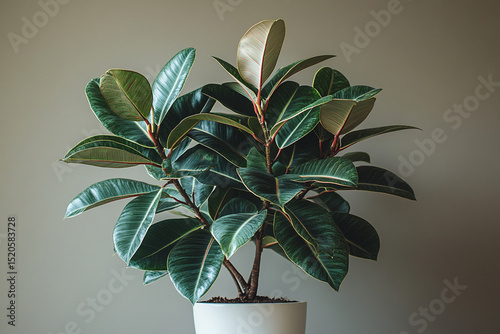 Rubber Plant in White Pot with Lush Green Leaves Against a Neutral Background