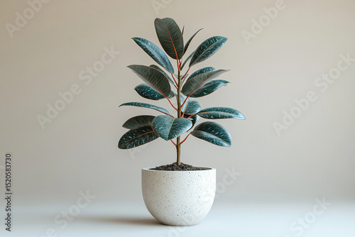 Rubber Plant in White Speckled Pot on Neutral Background, Modern Indoor Plant Decor