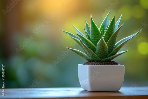 Sansevieria Plant in White Pot with Blurry Background on Wood Surface