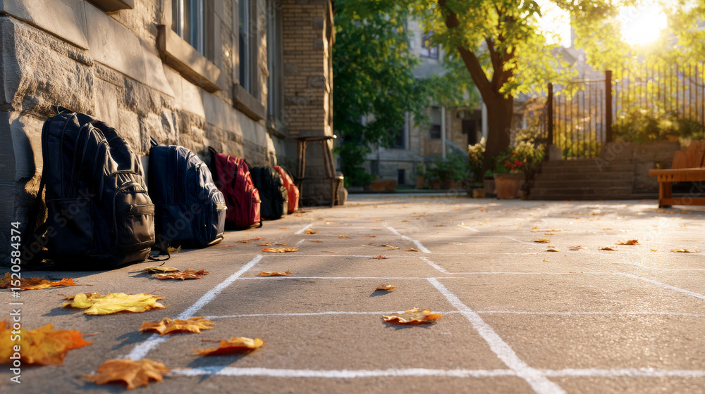 Obraz premium Outdoor scene with backpacks on a paved schoolyard under the morning sun, surrounded by fallen autumn leaves.
