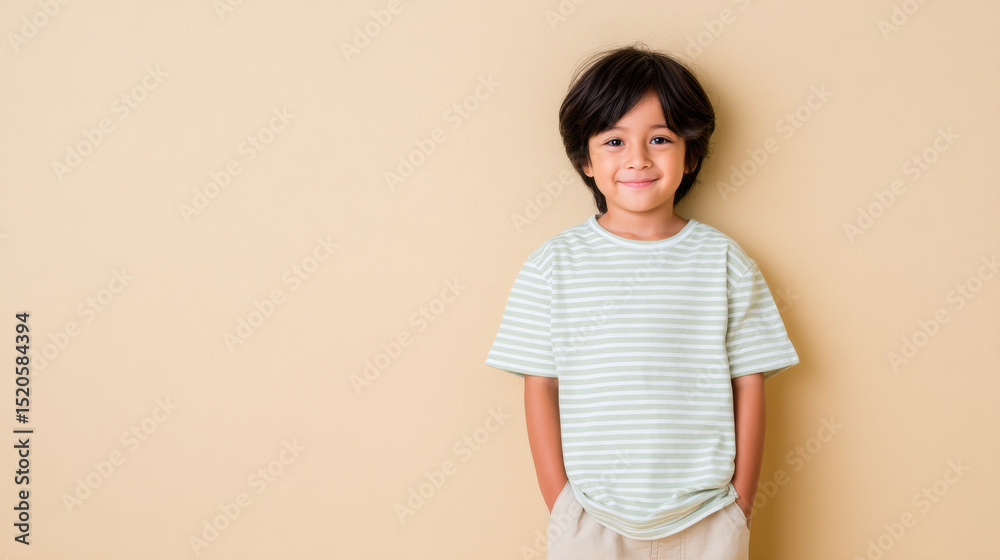 Obraz premium A happy young boy is posing against a beige backdrop. His cheerful expression and casual pose convey a sense of joy and innocence.