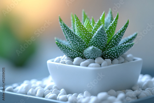 Spotted Green Aloe Vera Plant in White Pot Surrounded by Decorative White Stones