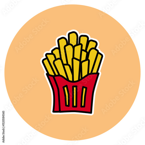 A tasty and crispy icon of French fries in a red container, perfect for use in food, fast food, and snack designs.