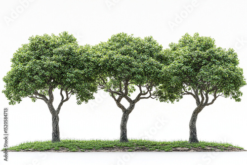 Three Lush Trees with Green Leaves on a Grassy Patch Against White Background
