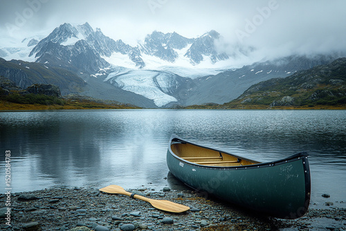 Tranquil Lake Canoe, Paddle, Glacier, and Misty Mountain Peaks Landscape