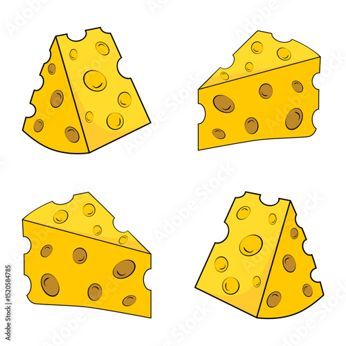 Set of four cartoon vector illustrations of cheese slices. Fun and colorful dairy food icons perfect for children’s menus, educational materials, and culinary-themed designs.