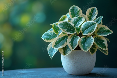 Variegated Pepper Face Plant in a White Pot on a Blue Tabletop