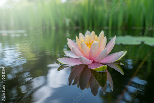 Water Lily Reflection Pink Petals, Yellow Center, Serene Pond, Nature's Beauty, Aquatic Garden
