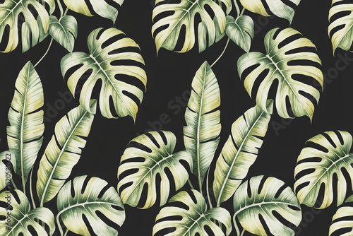 Watercolor Monstera and Banana Leaves Pattern on Black Background for Fabric Design