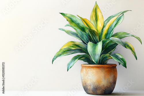 Watercolor Painting of a Corn Plant in a Ceramic Pot on a White Surface
