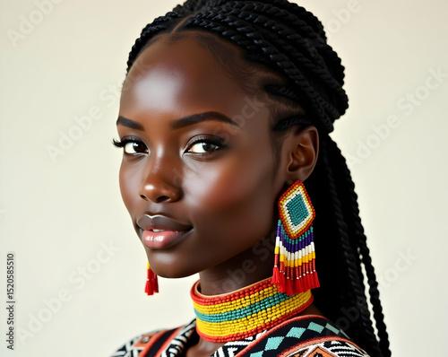 Elegant portrait of a woman with rich dark skin, adorned in cultural jewelry, showcasing beauty and heritage with grace and poise