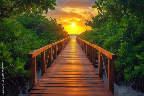 Wooden Boardwalk to Beach at Sunset Surrounded by Lush Tropical Greenery and Calm Waters