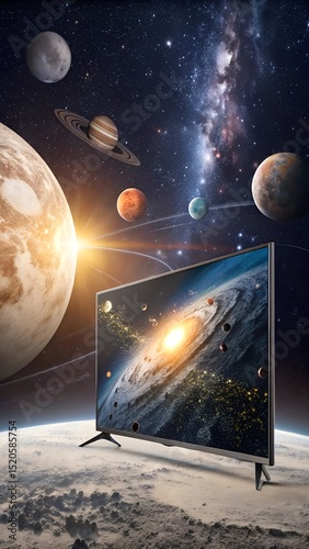 Smart TV flying in space with stars planets background vertical phone art suitable for electronics store advertising and technology service marketing laralara for creating ads news