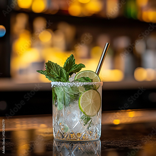 A refreshing mojito cocktail served in a chilled glass, bursting with zesty lime slices and fresh mint leaves. Sparkling, cool, and perfect for a hot day or tropical escape.

