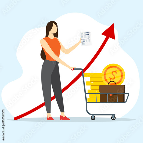 Businesswoman holding invoice of shopping and red arrow up with icon of coin and brifecase on shopping cart. Inflation and rising prices concept.