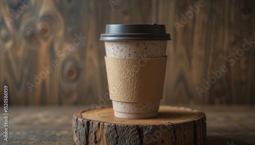Coffee cup with a lid and a sleeve, on a wooden stand with a wooden background