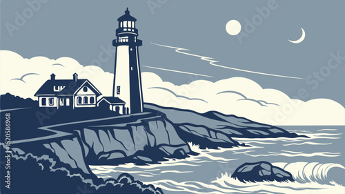 Lighthouse illustration art print coastal scene ocean view nautical artwork wall decor home decoration drawing