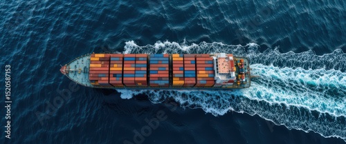 Container Ship Sailing Over Water in Bright Blue Ocean Aerial View