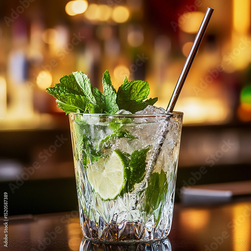 A refreshing mojito cocktail served in a chilled glass, bursting with zesty lime slices and fresh mint leaves. Sparkling, cool, and perfect for a hot day or tropical escape.

