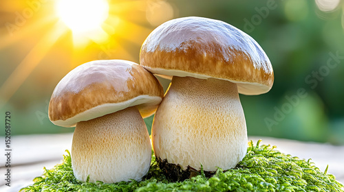 Art cep Porcini mushroom on the moss in summer sunny forest glade. Summer Nature background