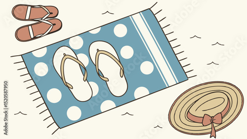 Beach day illustration with towel, flip flops, and hat for summer vacation and holiday relaxation time