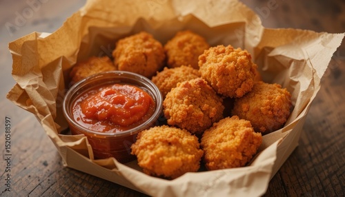 Delicious Fried Chicken Nuggets with Tomato Sauce in a Rustic Paper Basket