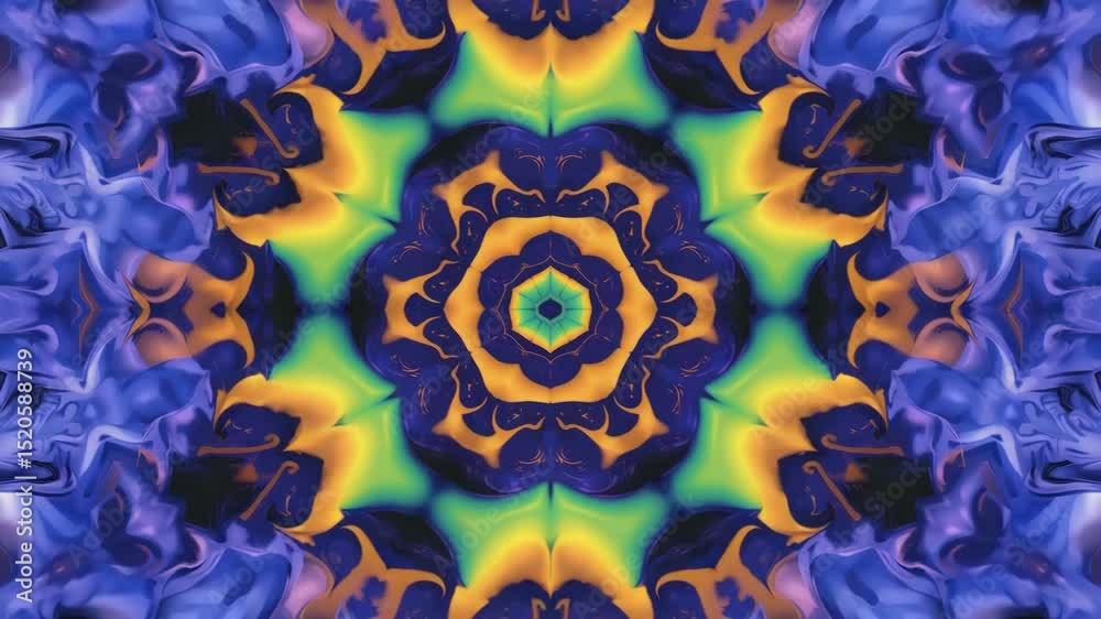 Retro psychedelic kaleidoscope pattern with pulsing abstract tempo loop background