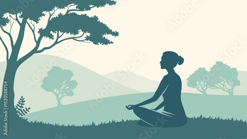 Meditation woman silhouette in nature landscape vector illustration for wellness and mindfulness practice