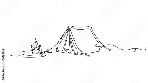 A minimalist continuous One line drawing of a camping tent and campfire.