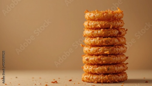 Delicious Stack of Golden Fried Onion Rings Ready to Eat on a Beige Background