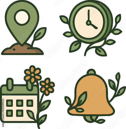  Creative fusion icon set where each symbol (location pin, clock, calendar, notification) is integrated with plant and leaf motifs. A clock wrapped in vines, a calendar with blooming flowers