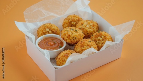 Delicious Fried Food Balls with Sauce in a Box on Orange Background
