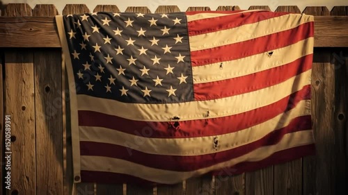 Weathered american flag on fence