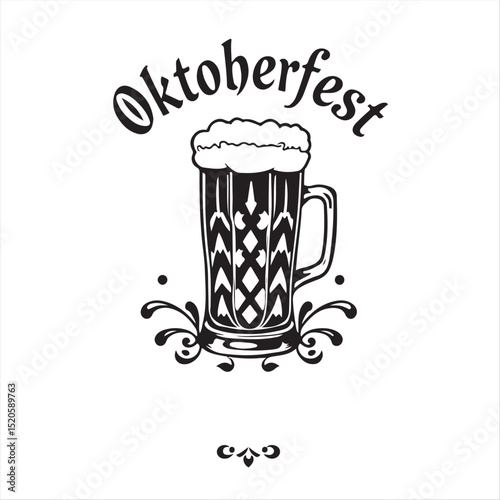 A vibrant, retro-style vector illustration of a traditional Oktoberfest tattoo design, featuring a classic black and white silhouette against a crisp white background. 
