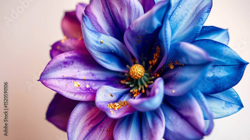 A close up of a vibrant blue and purple flower with golden accents on its petals and center detail
