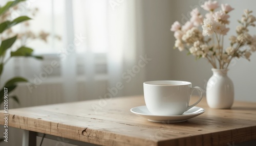 Wallpaper Mural Morning Coffee on Wooden Table with Flowers in Bright Room Torontodigital.ca