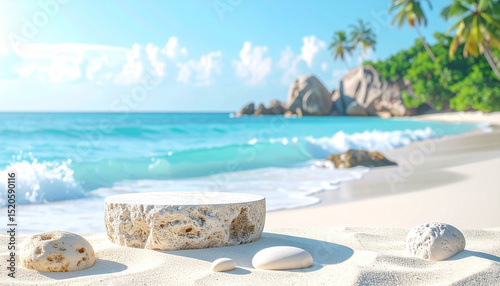 Stone podium for summer cosmetics product presentation on blurred tropical sea sand beach background