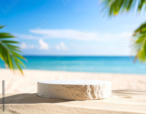 Stone podium for summer cosmetics product presentation on blurred tropical sea sand beach background