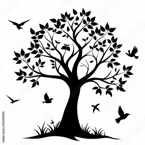 Black tree silhouette with birds flying away on a white background creating a simple yet evocative nature illustration design element